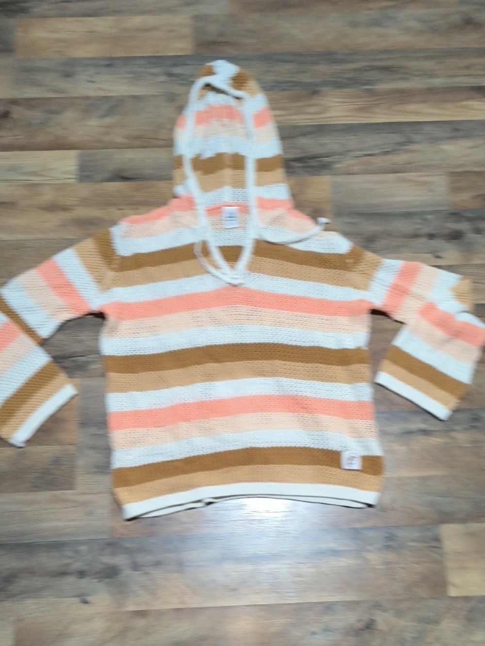 Striped V-Neck Hoodie Sweater in Cream, Tan & Pink